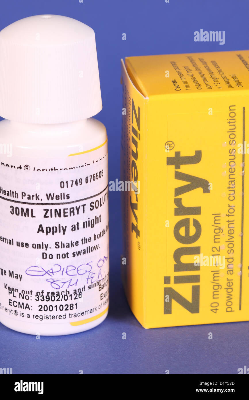 Foto von Zineryt Medikament Erythromycin mit Zinkacetat Dihydrat Pulver mit Lösung zur Behandlung von Akne Stockfoto