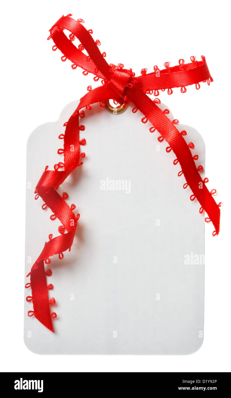 Preisschild mit rotem Band auf weißem Hintergrund Stockfoto