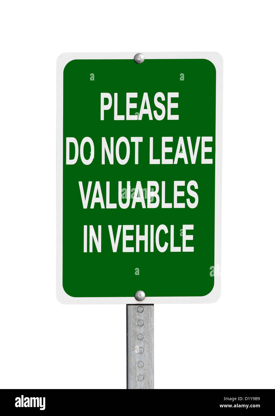 Lassen Sie Wertsachen nicht im Fahrzeug Warnschild mit Beschneidungspfad isoliert. Stockfoto
