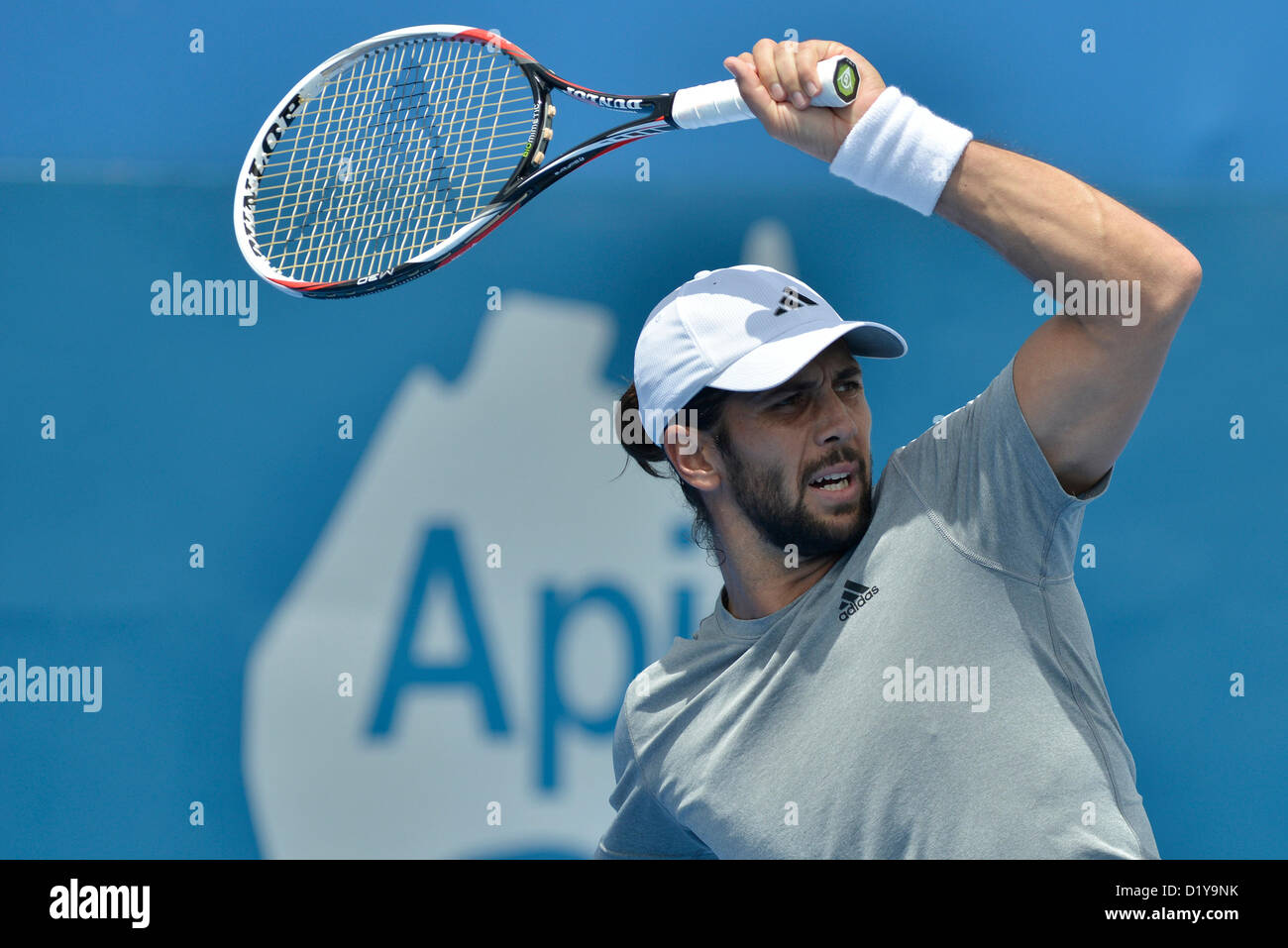 09.01.2013 Sydney, Australien. Fernando Verdasco (ESP) in Aktion gegen Denis Istomin (UZB) während der Apia International-Tennis-Turnier von Sydney Olympic Park. Stockfoto