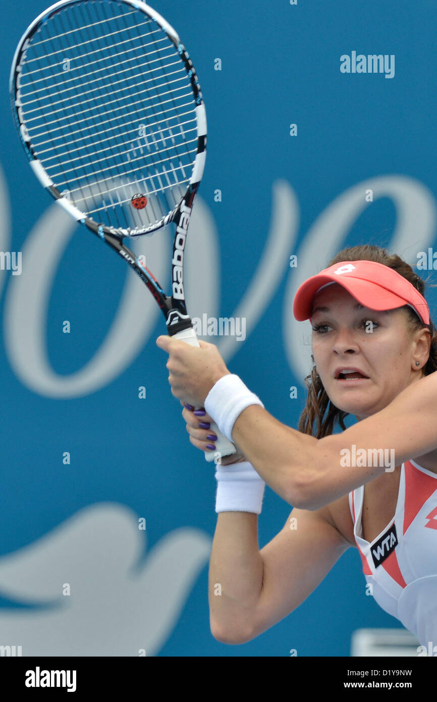 09.01.2013 Sydney, Australien. Agnieszka Radwanska (POL) in Aktion gegen Roberta Vinci (ITA) während der Apia International-Tennis-Turnier von Sydney Olympic Park. Stockfoto