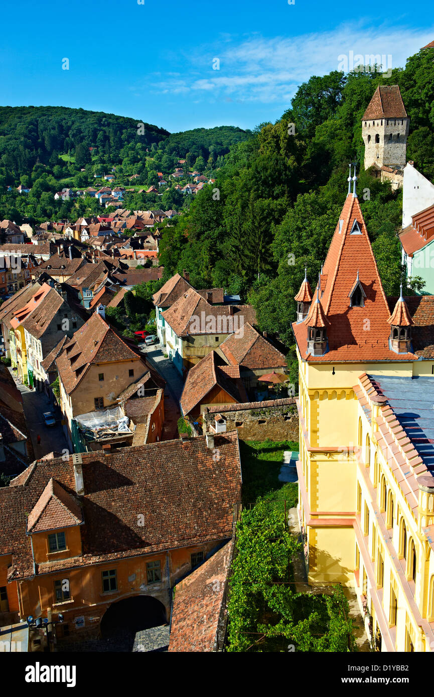 Ansicht von Sighisoara/Schäßburg sächsischen befestigte mittelalterliche Zitadelle vom Uhrturm, Siebenbürgen, Rumänien Stockfoto