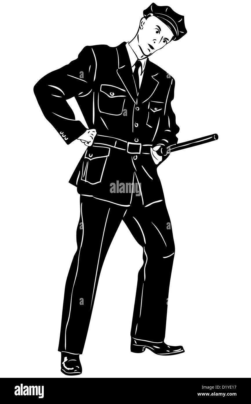 Skizze Mann Polizist mit einer Keule auf service Stockfoto