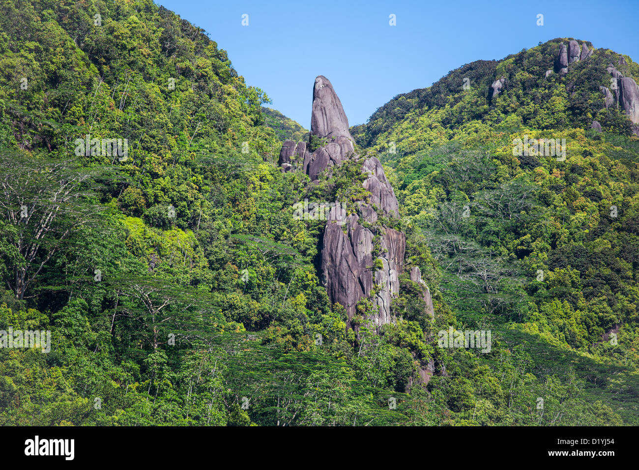 Berggipfel hinter Victoria, Mahé, Seychellen Stockfoto