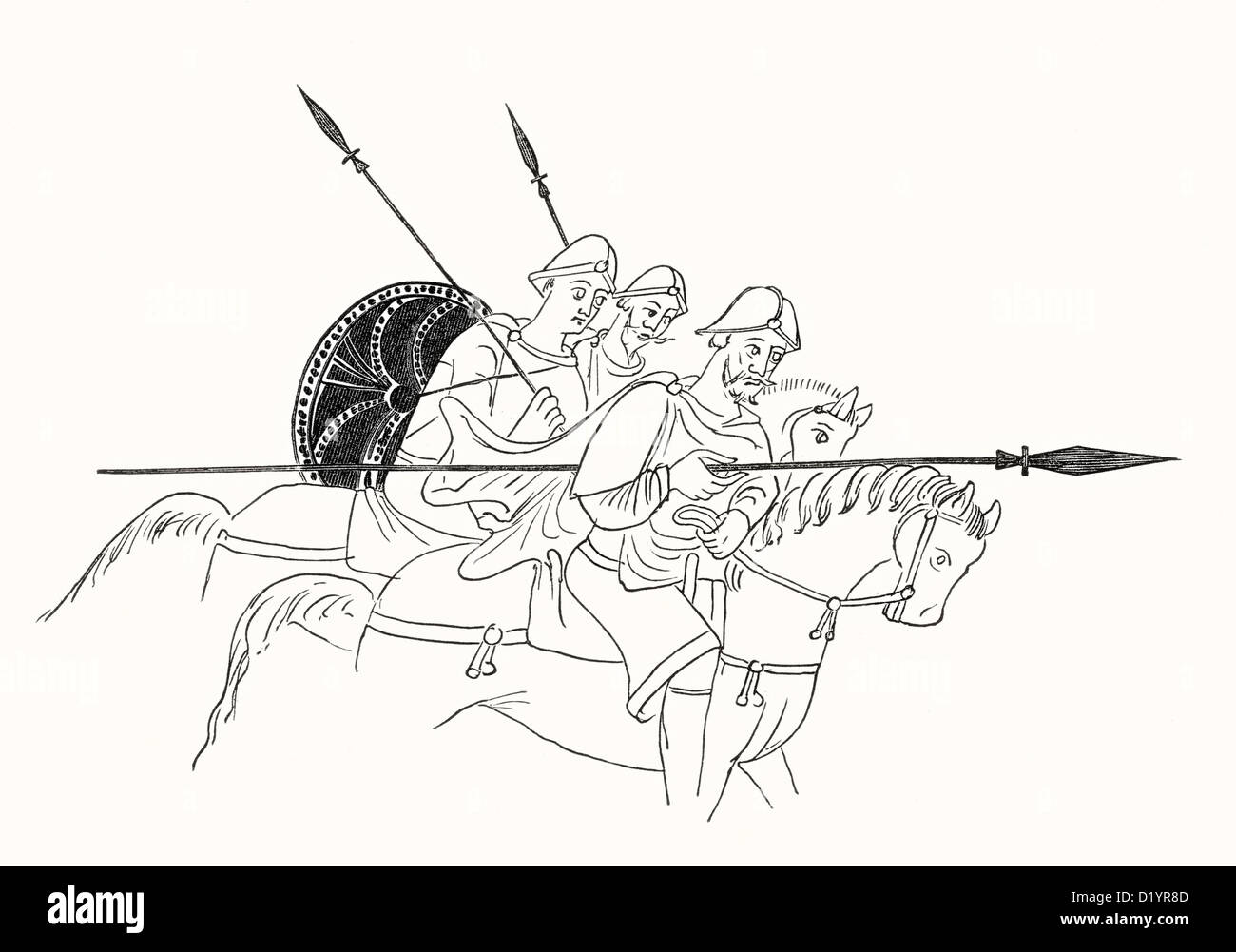 Reproduktion einer Miniatur der Kavallerie, gefunden im Codex Aureus oder Goldene Buch in The Abbey Library of Saint Gall, Switzerland. Stockfoto