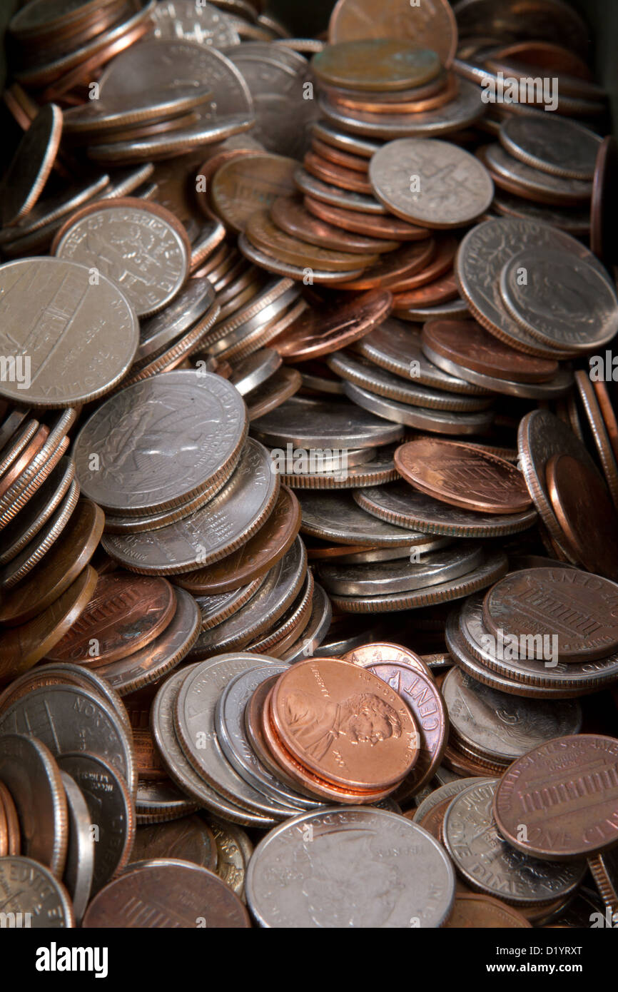 US-Währung, Änderung, Cent, Viertel, Nickel, Dime, Pennys, Geld, USA Stockfoto