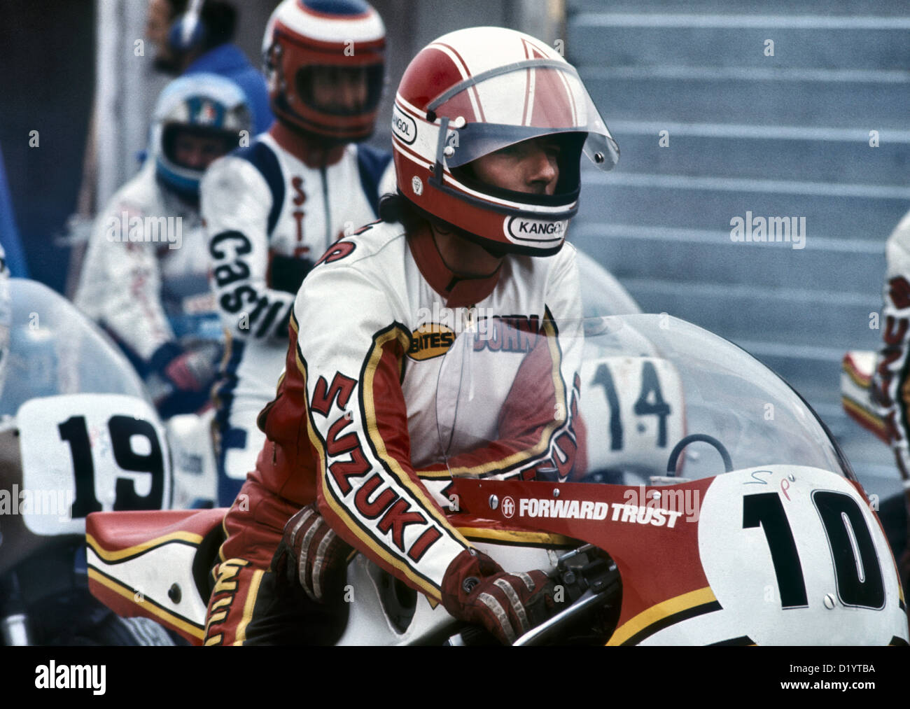 Steve Parrish in 1976 auf einer Suzuki. 500ccm GP-Maschine Stockfoto