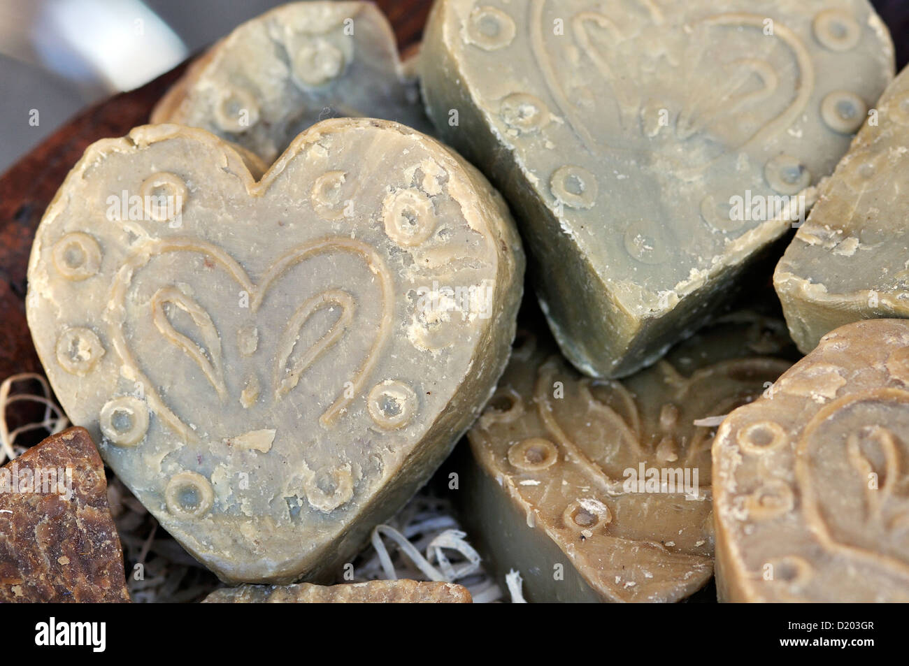 Natürliche, handgemachte Bars Seife, Herzform Stockfoto