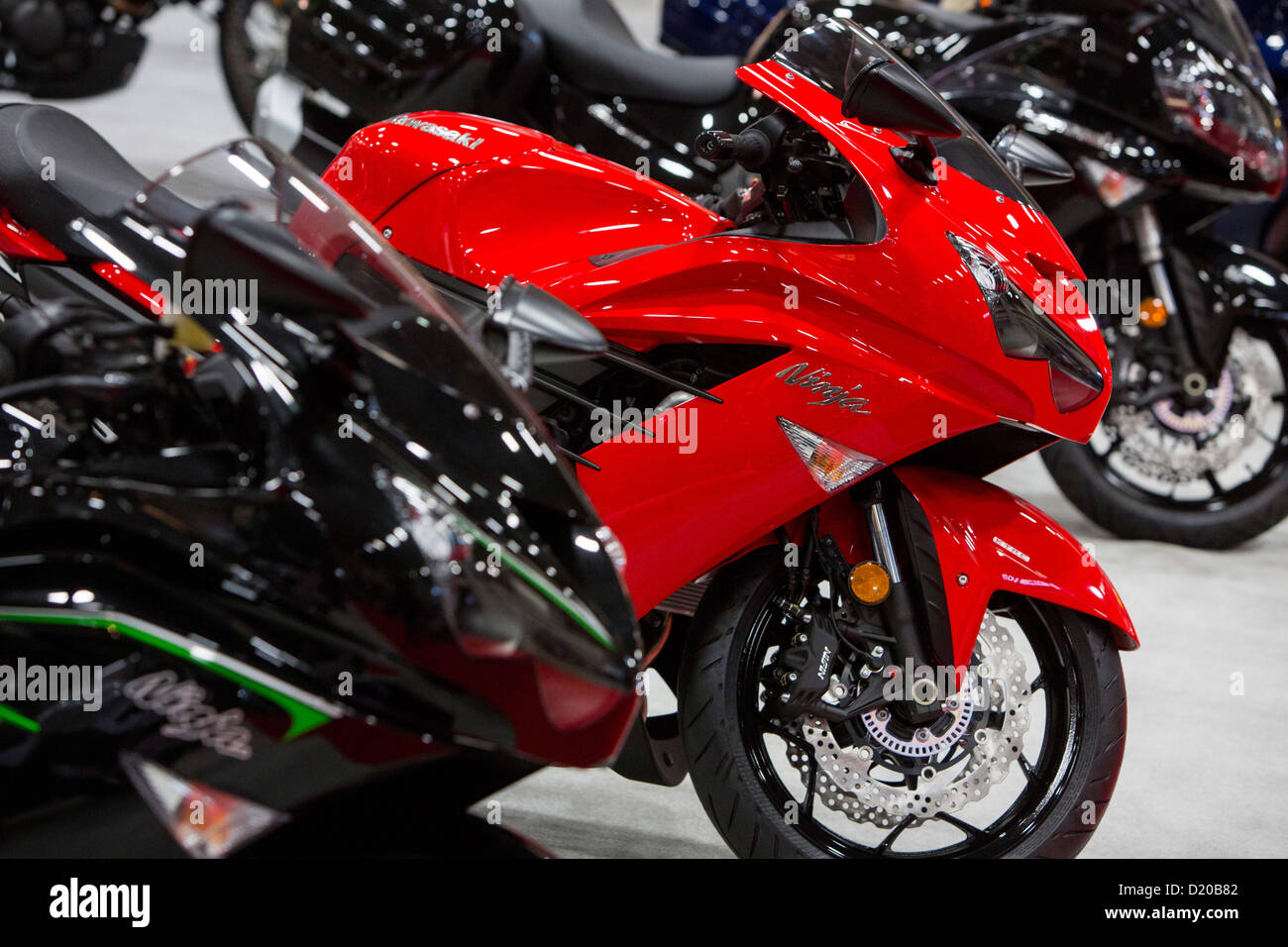 Kawasaki Motorräder auf dem Display an der Washington Motorcycle Show. Stockfoto