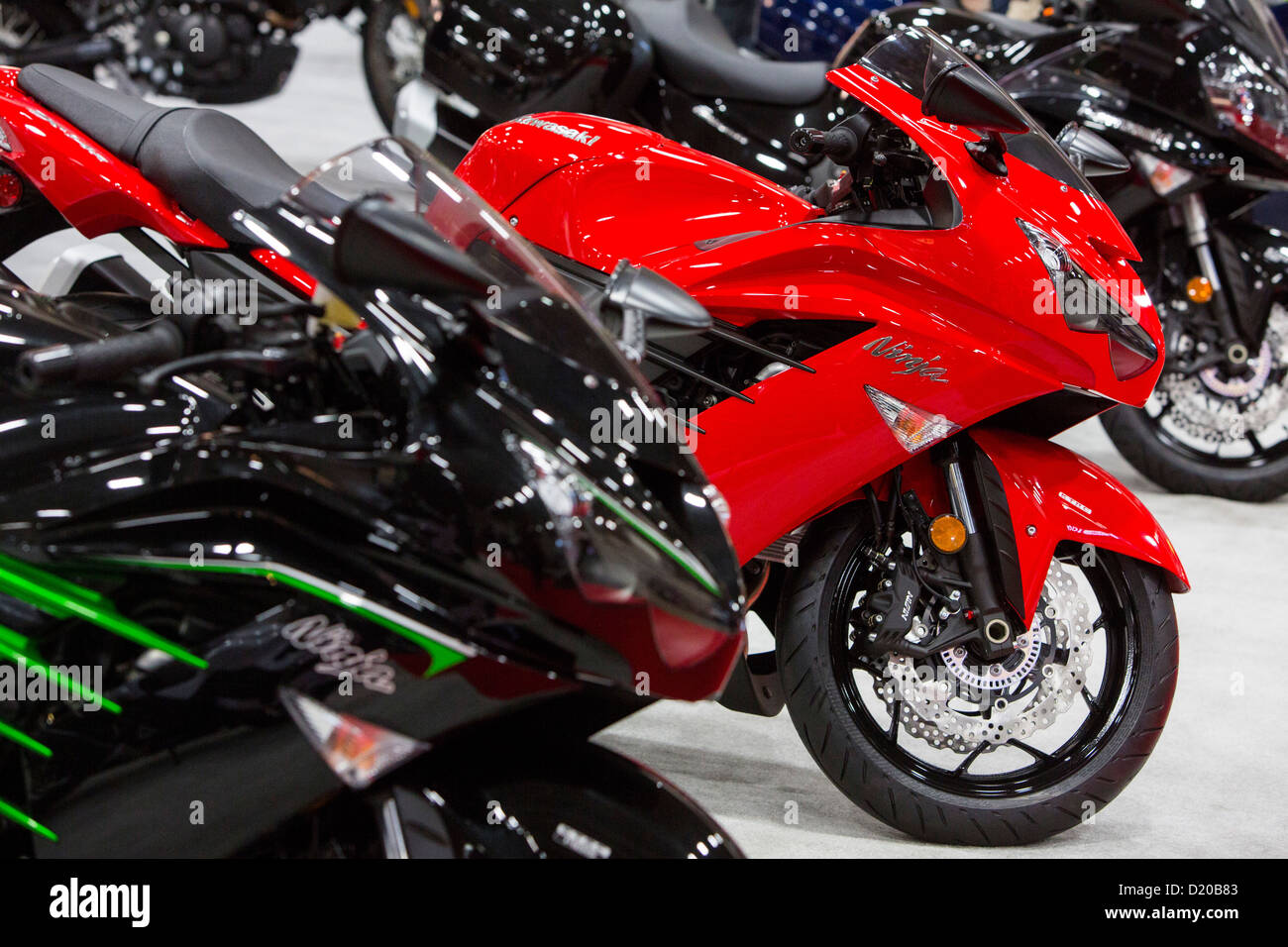 Kawasaki Motorräder auf dem Display an der Washington Motorcycle Show. Stockfoto