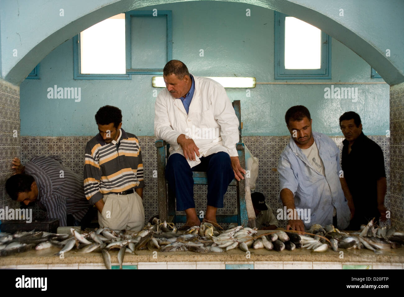 Auktion am Fischmarkt in der Stadt Houmt Souq auf der Insel Djeba in Tunesien Stockfoto