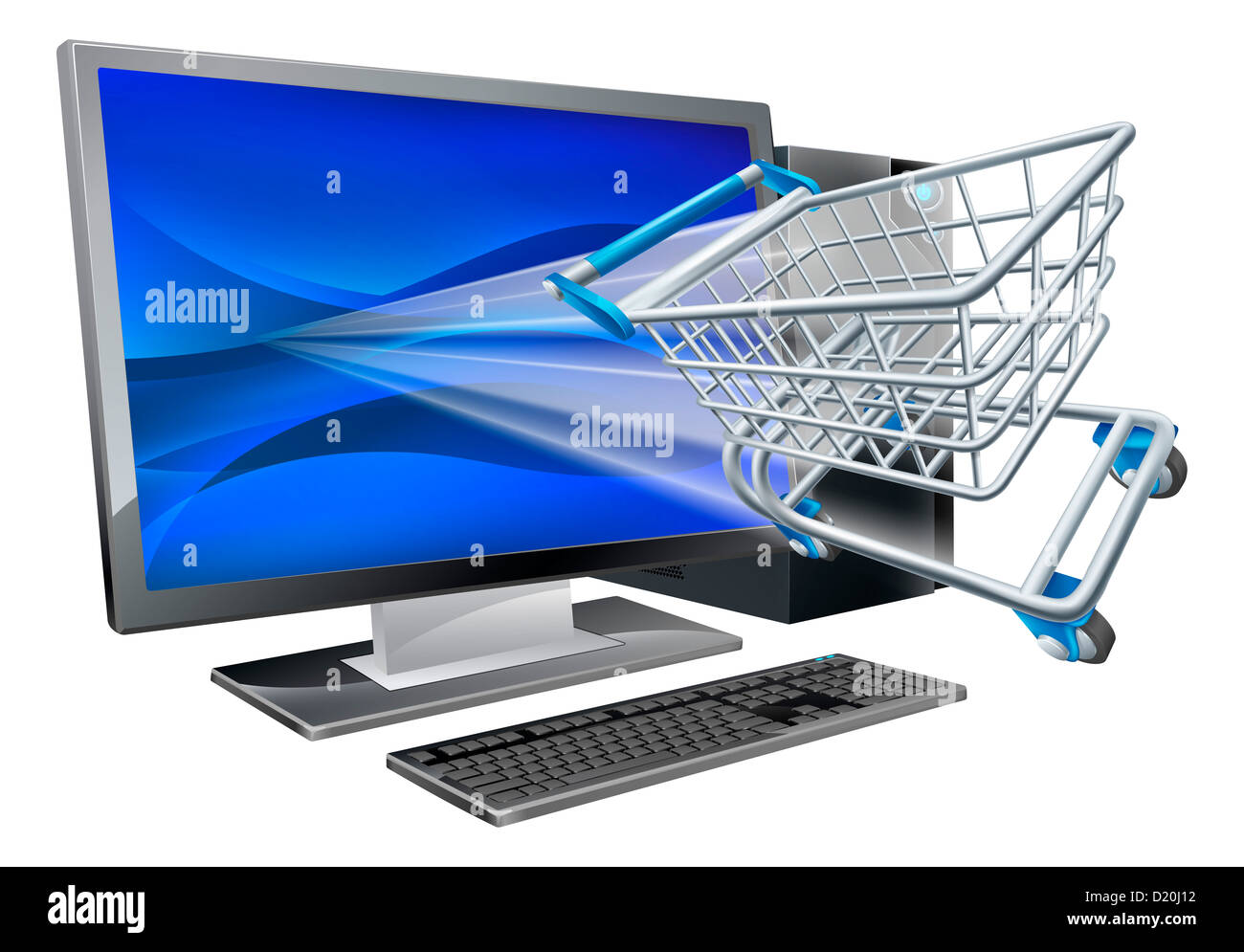 Desktop-Computer mit Supermarkt Einkaufswagen Einkaufswagen fliegen aus Bildschirm, Online-shopping-Konzept Stockfoto