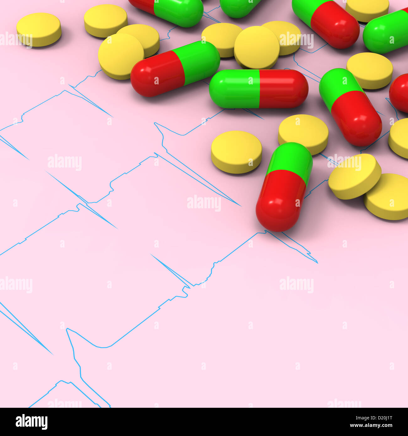 3D-Modell des gelben Pillen und rote grüne Kapseln auf anormale Elektrokardiogramm (EKG) Bericht Stockfoto