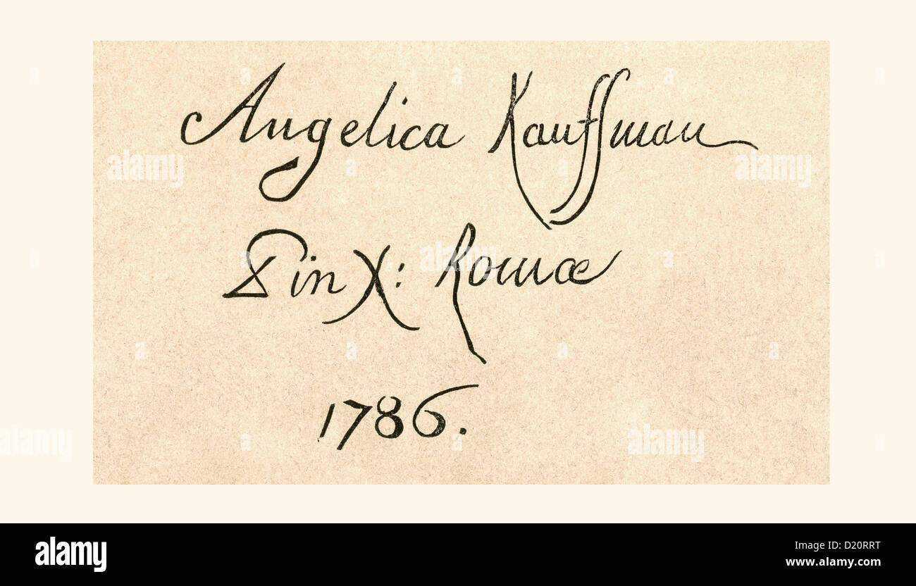Unterschrift des Maria Anna Angelika oder Angelica Katharina Kauffman, 1741 –1807. Schweizerisch-österreichischen neoklassischen Künstler. Stockfoto