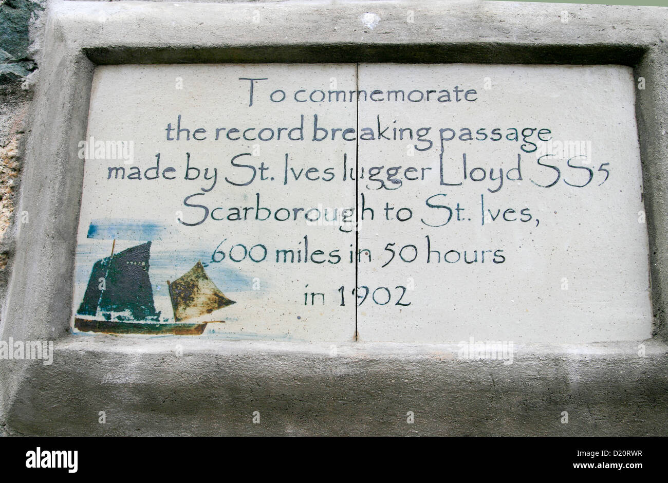 1902 rekordverdächtigen Segeln Plaque St Ives Cornwall England UK Stockfoto