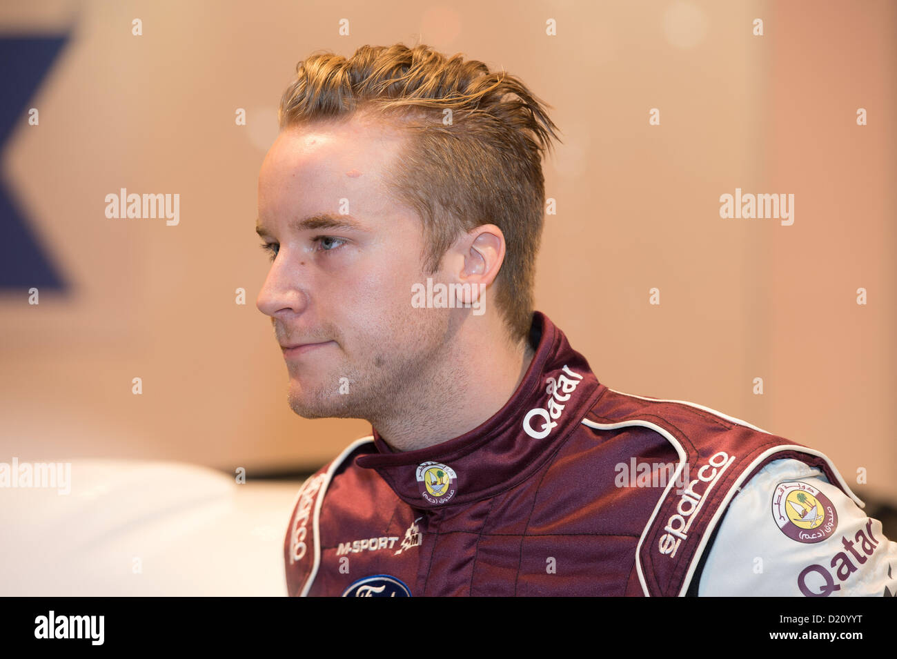 Malcolm Wilson und Fahrer Mads Östberg enthüllen die neue Katar Ford Rallye Auto und beantwortet Fragen auf der Autosport International Stockfoto