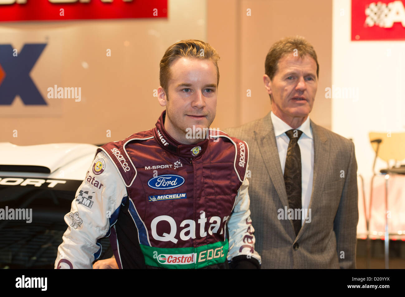Malcolm Wilson und Fahrer Mads Östberg enthüllen die neue Katar Ford Rallye Auto und beantwortet Fragen auf der Autosport International Stockfoto