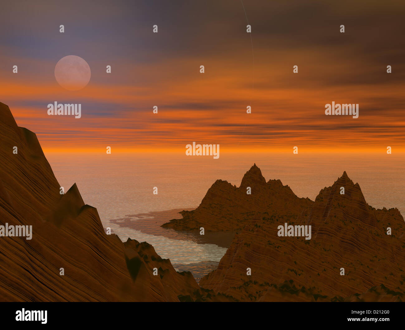 Computer generierte Bild einer tropischen Insel bei Sonnenuntergang Stockfoto