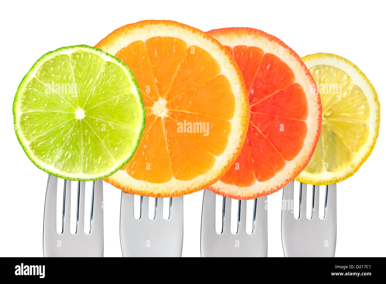 Limette, orange, Grapefruit, Zitrone-Zitrusfrucht auf Gabeln isoliert gegen weiß Stockfoto