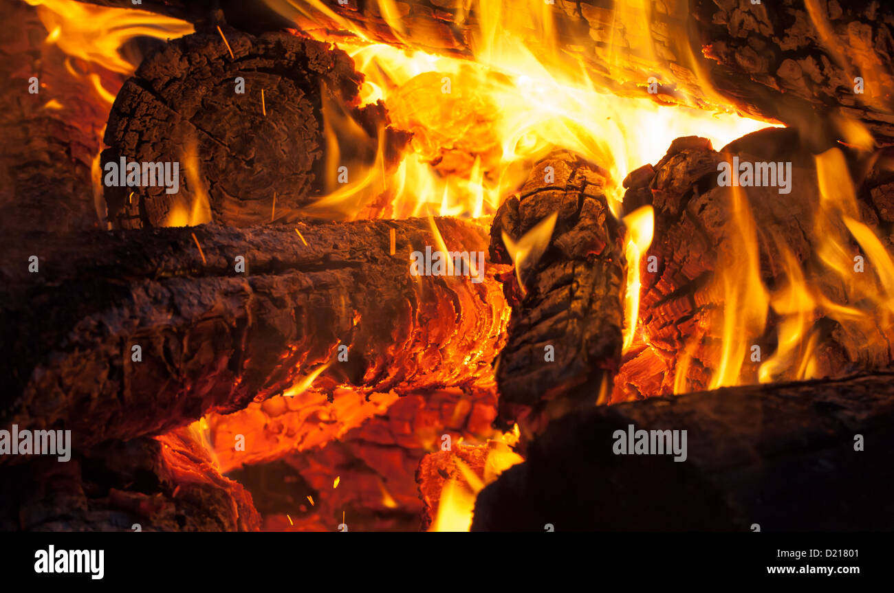 Brennendes Holz, Lagerfeuer-Makro-Foto Stockfoto