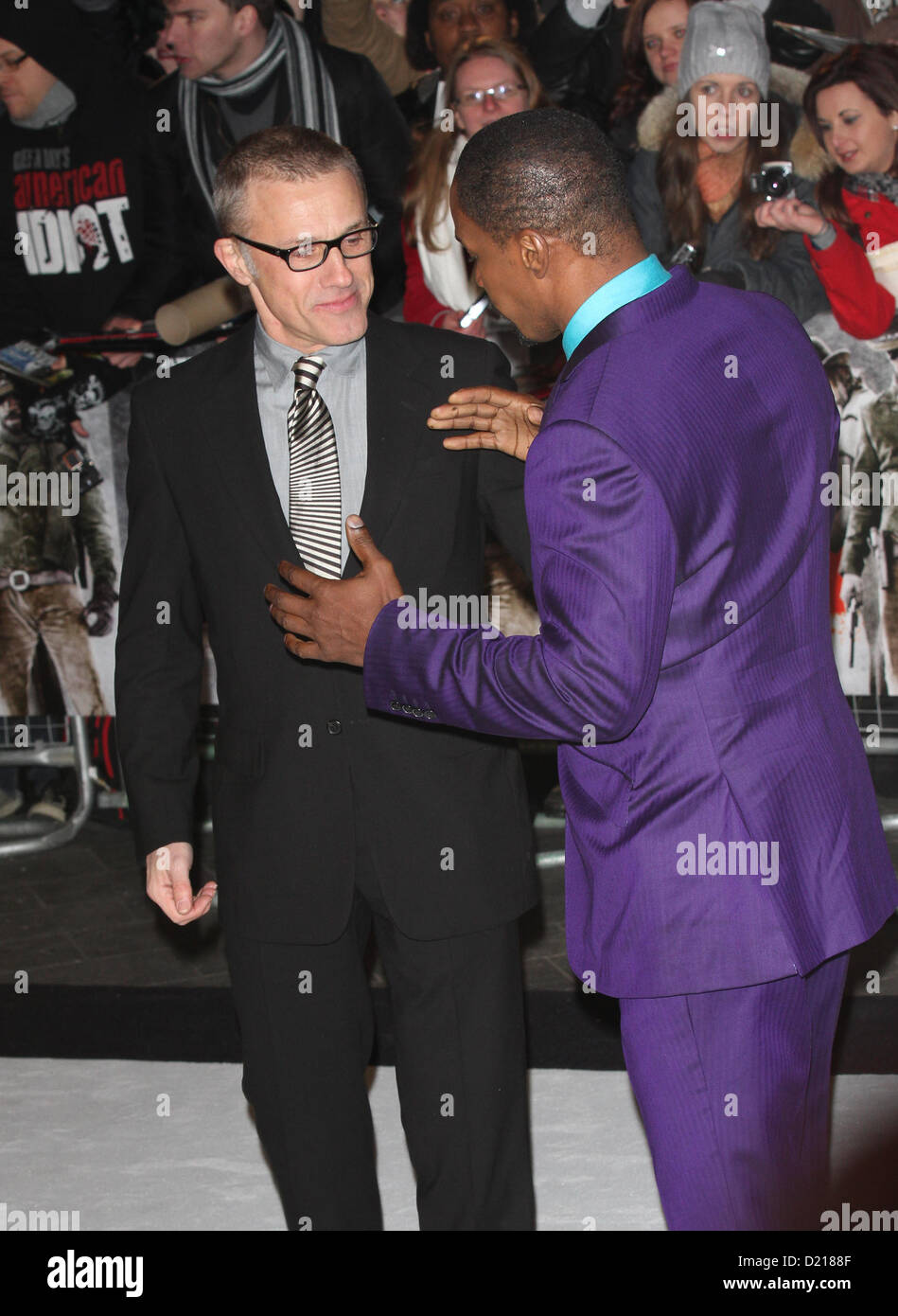 Jamie Foxx und Christoph Waltz kommen für Django Unchained - UK-Film-Premiere am Leicester Square. Stockfoto