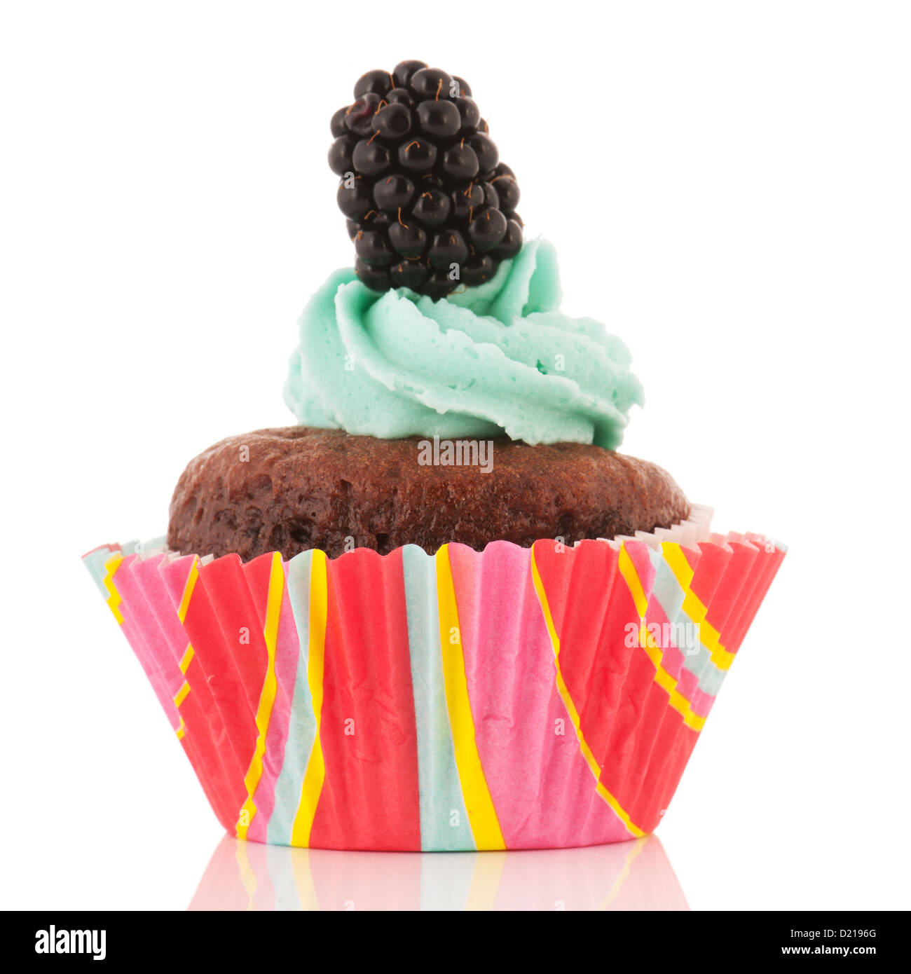 Schokolade Cupcake mit blauen Buttercreme und frischen Brambleberry isoliert auf weißem Hintergrund Stockfoto