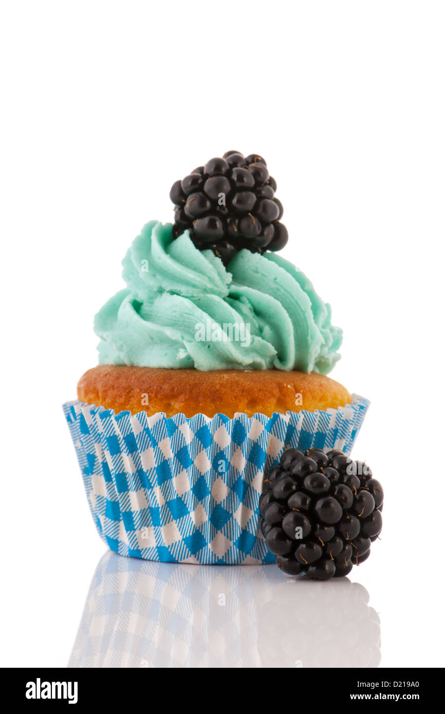 Blaue und grüne Cupcake mit frischen Brombeeren Stockfoto