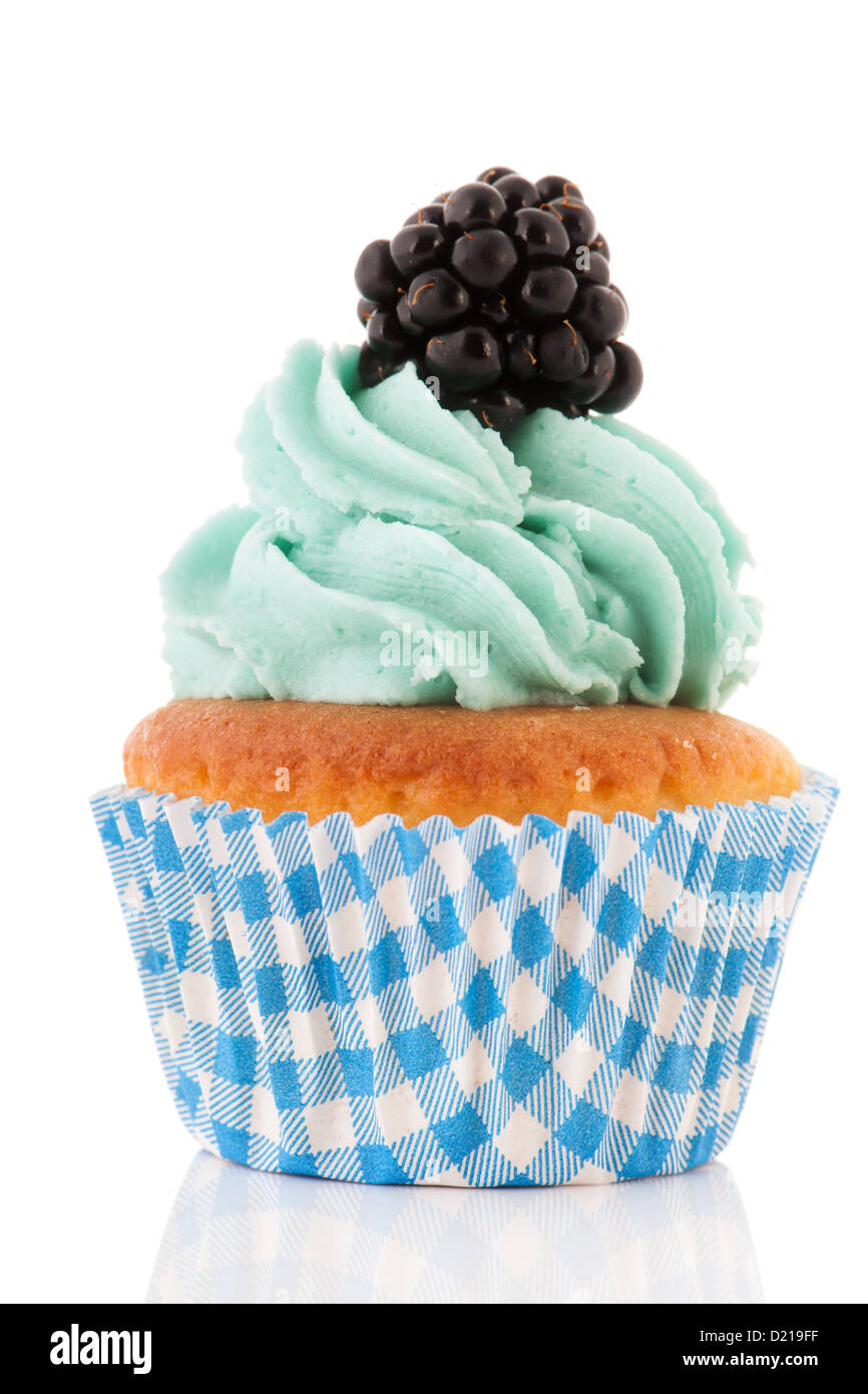Obst-Cupcake in blau und grün mit Brombeeren Stockfoto