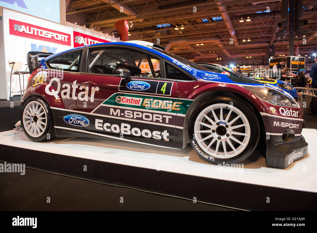 Das neue Quatar Ford Fiesta-Rallye-Auto hat heute von Malcolm Wilson und Fahrer Mads Östberg auf der Autosport International 2013 - NEC Stockfoto