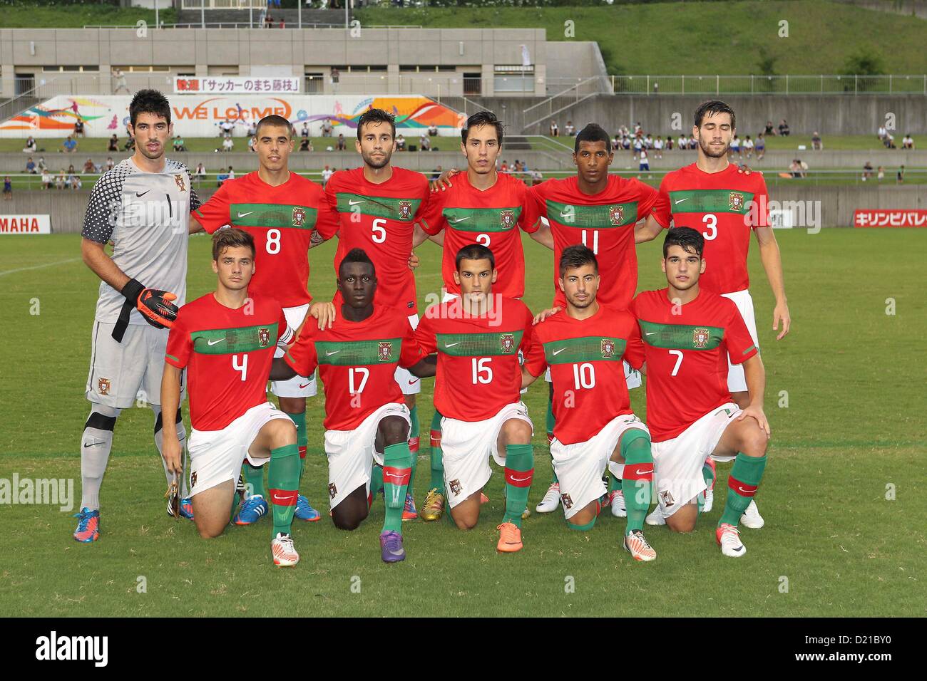 U-19-19U Portugal Gruppe Mannschaftsaufstellung (POR), 16. August 2012 - Fußball / Fußball: u-19-Portugal-Teamgruppe erschossen (obere Reihe - L, R) Rafael Veloso, Ricardo Alves, Daniel Martins, Miguel Rodrigues, Carlos Dias "Cafh", Frederico Venancio, (untere Reihe - L, R) Andre Teixeira, Piqueti Silva, Joao Garces "Jota", Antonio Carvalho ', Ze', Francisco Rosa "Kiko" vor 2012 SBS Cup International Youth Soccer match zwischen u-19-Japan 3-1 u-19-Portugal im Fujieda Sports Komplex Park Soccer Stadium in Shizuoka Japan. (Foto: AFLO) Stockfoto