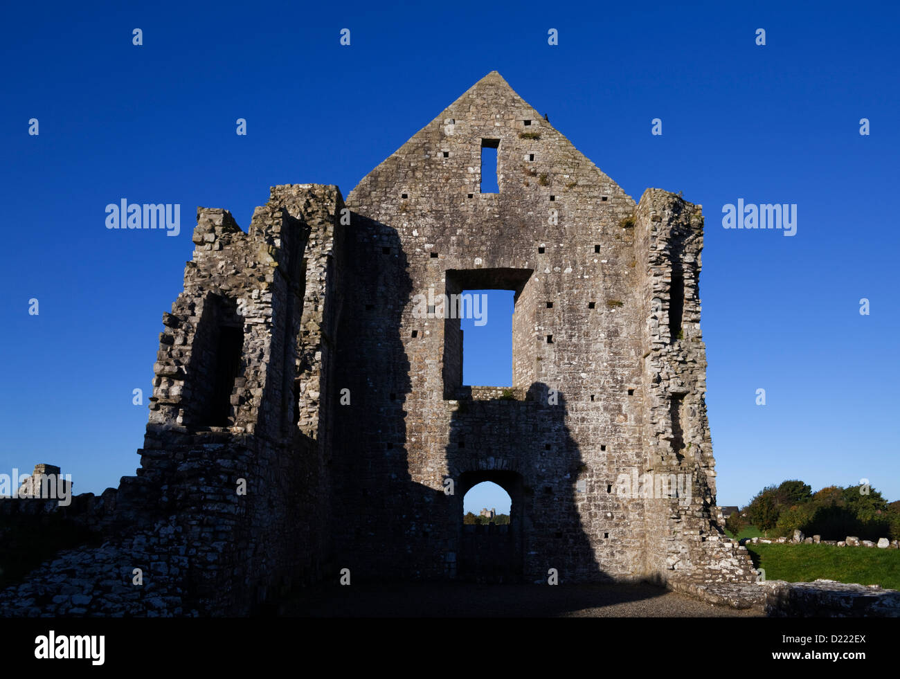 Die westlichen Giebel Wand in den Ruinen des 13. Jahrhunderts Newtown Kathedrale, mit Trim Castle sichtbar durch die Tür, Trim, County Meath, Irland Stockfoto