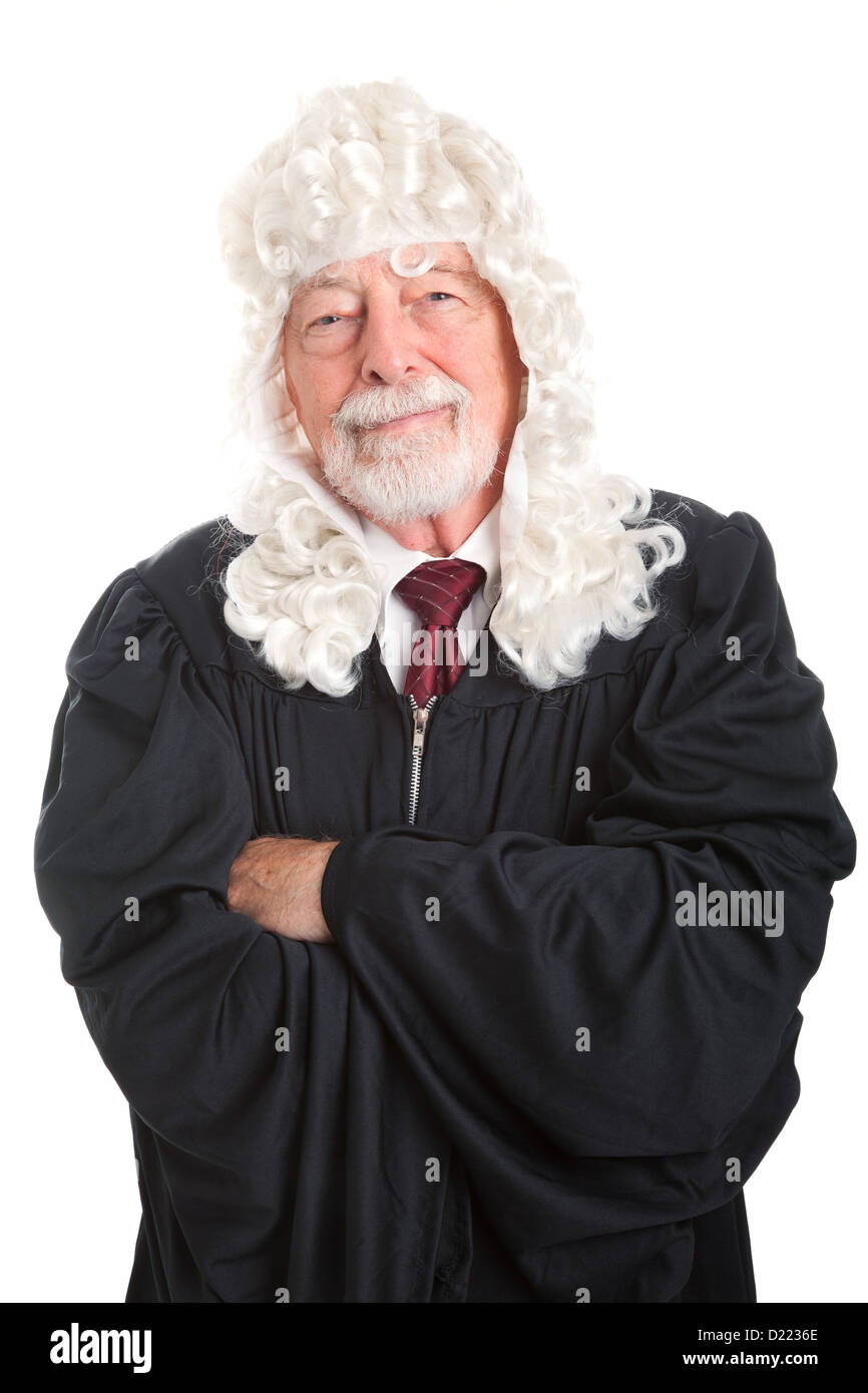 Porträt eines Richters britischen Stil mit Perücke. Isoliert auf weiss. Stockfoto