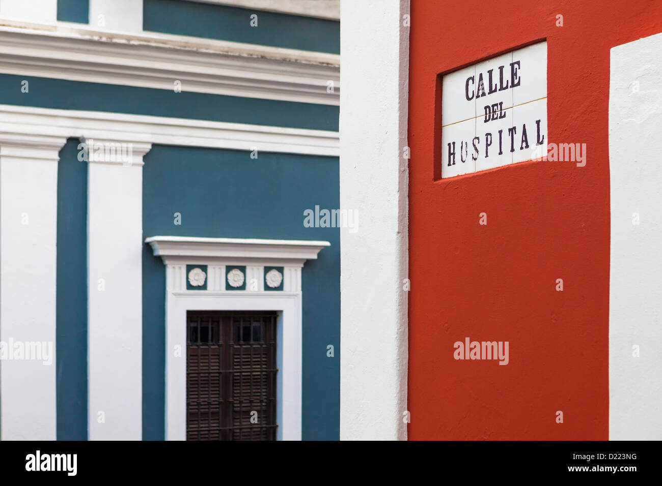 Calle de Krankenhaus Straßenschild in Old San Juan, Puerto Rico Stockfoto