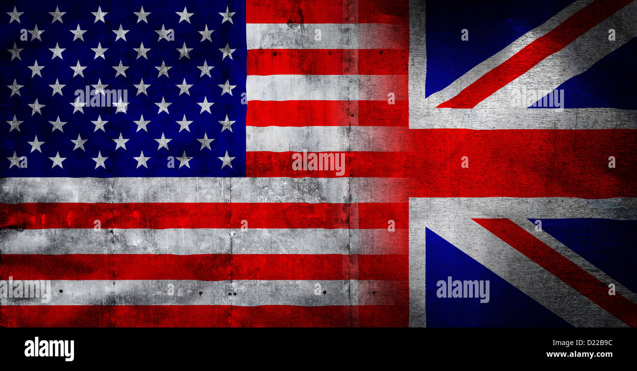 Amerikanische Flagge und Union Jack flag Montage mit Metall strukturierten Hintergrund Stockfoto