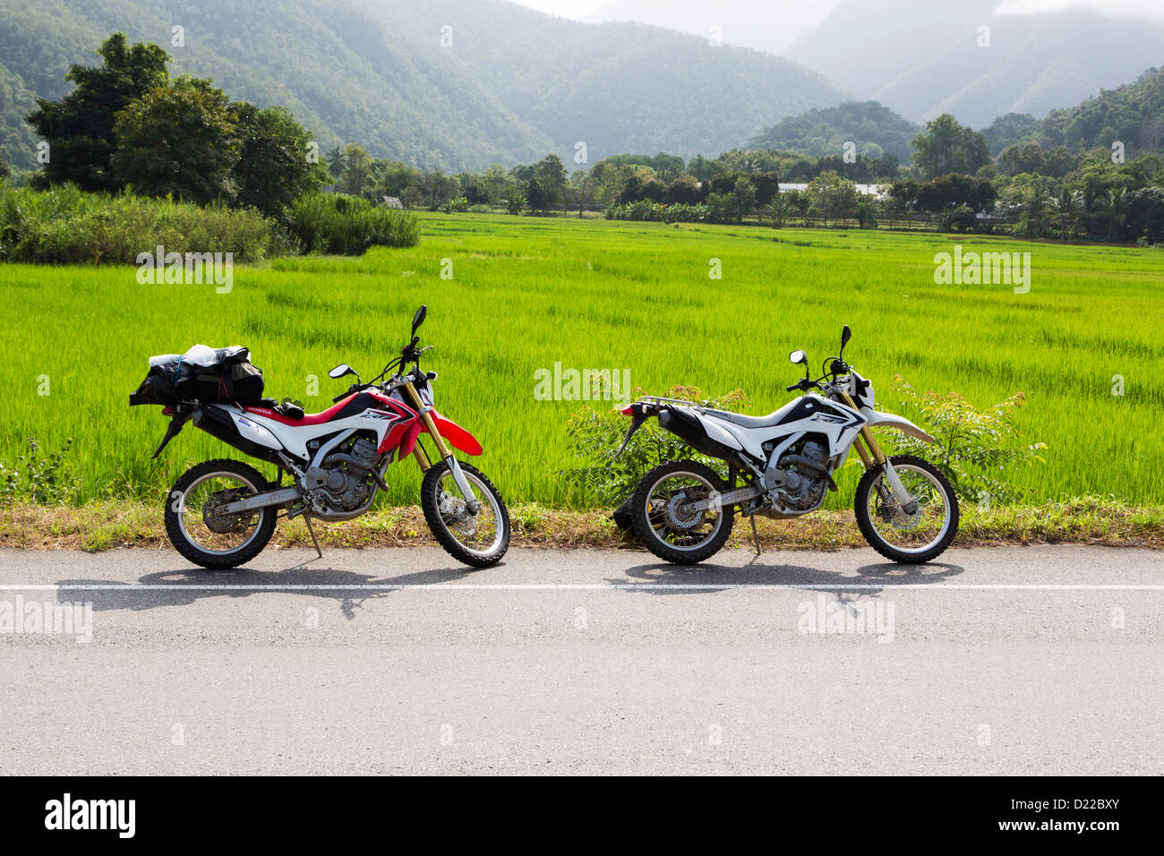 2 Honda-Motorrädern auf der Straße in die Landschaft der Provinz Chiang Mai, Nord Thailand Stockfoto