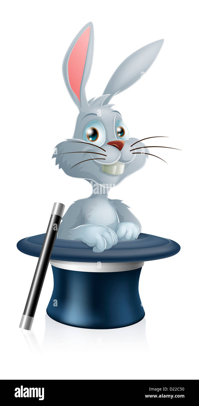 Ein Beispiel für einen niedlichen Cartoon weißes Kaninchen Charakter aus einem Zauberhut mit Zauberstab Stockfoto