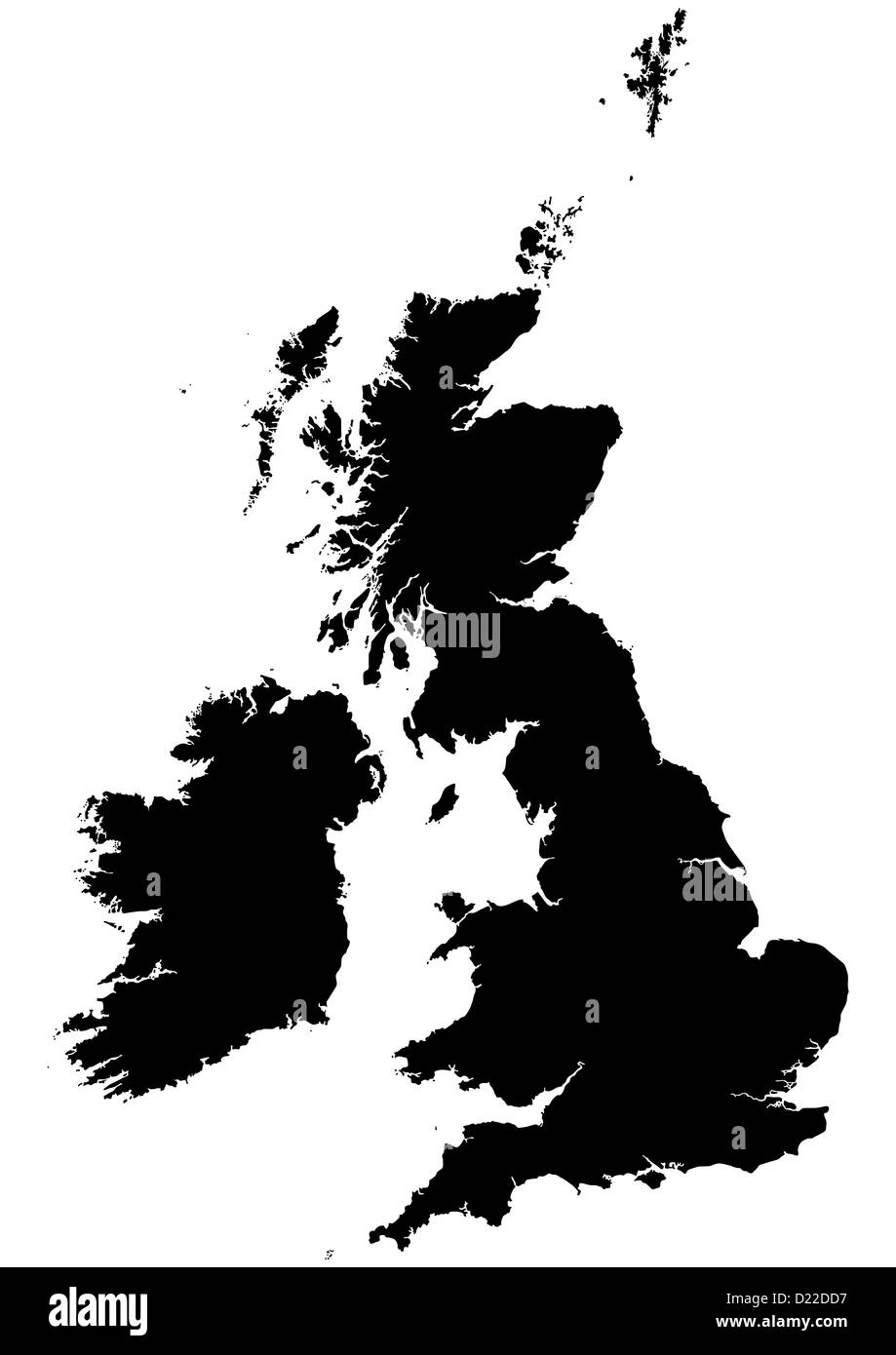 Silhouette Karte des Vereinigten Königreichs und Irlands auf weißem Hintergrund Stockfoto