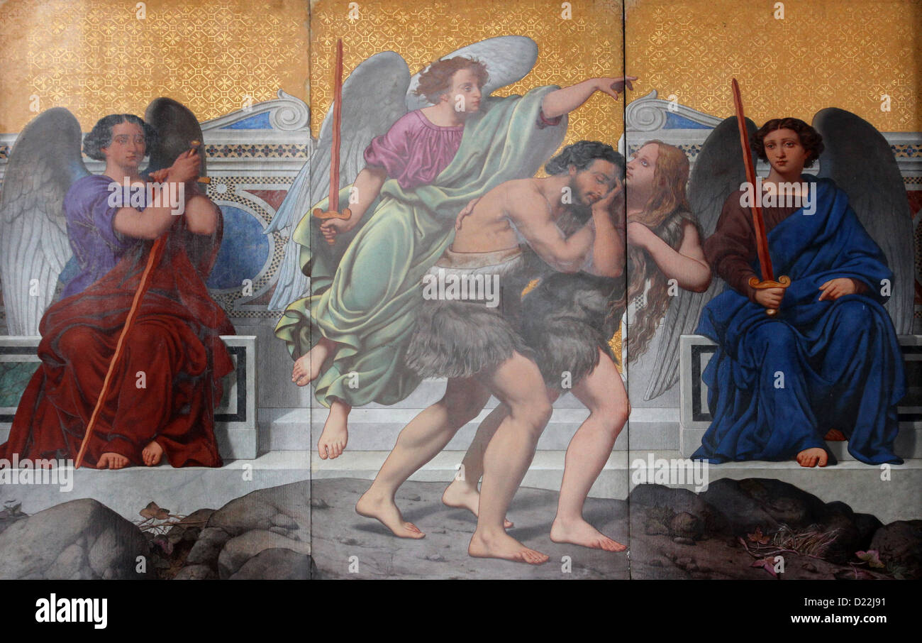 Adam und Eva, die Vertreibung aus dem Paradies, Malerei an der Fassade, Saint Vincent de Paul Kirche, Paris Stockfoto