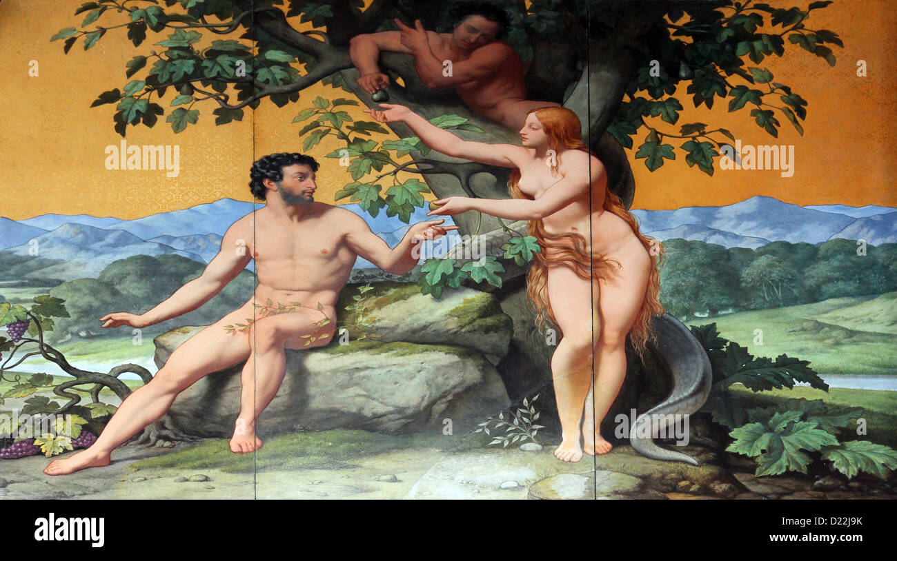 Adam und Eva, Malerei an der Fassade, Saint Vincent de Paul Kirche, Paris Stockfoto