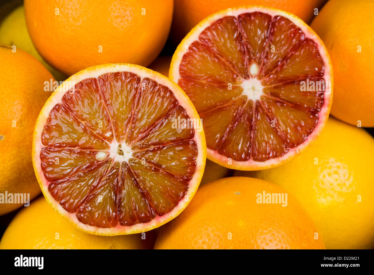 Citrus X sinenesis. Blutorangen in einer Obstschale. Stockfoto