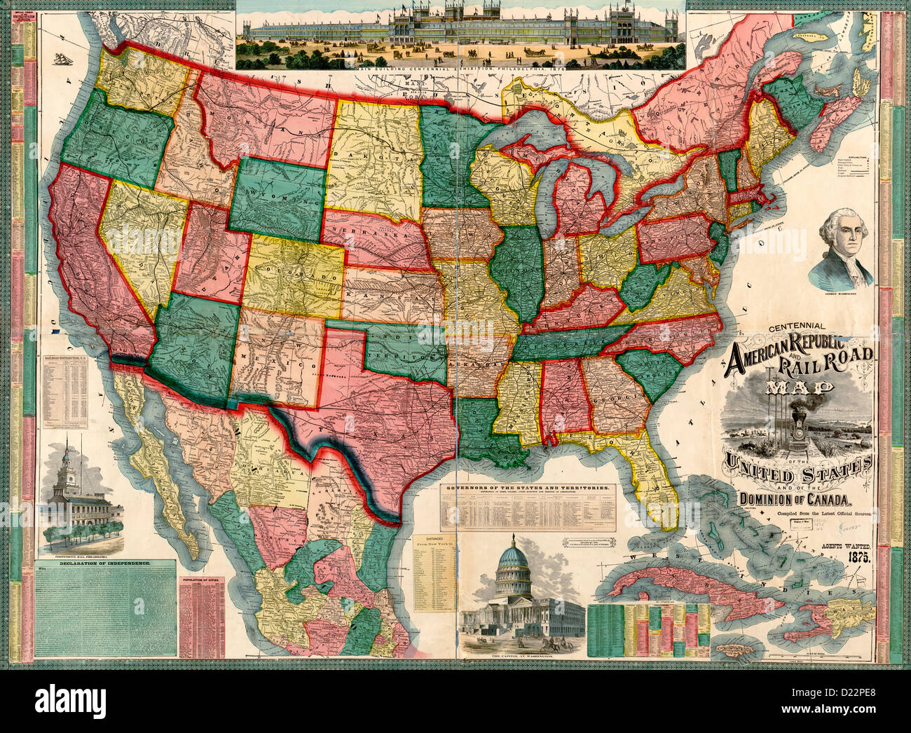 Centennial American Republic und Eisenbahn-Karte der Vereinigten Staaten und des Dominion of Canada. 1876 Stockfoto