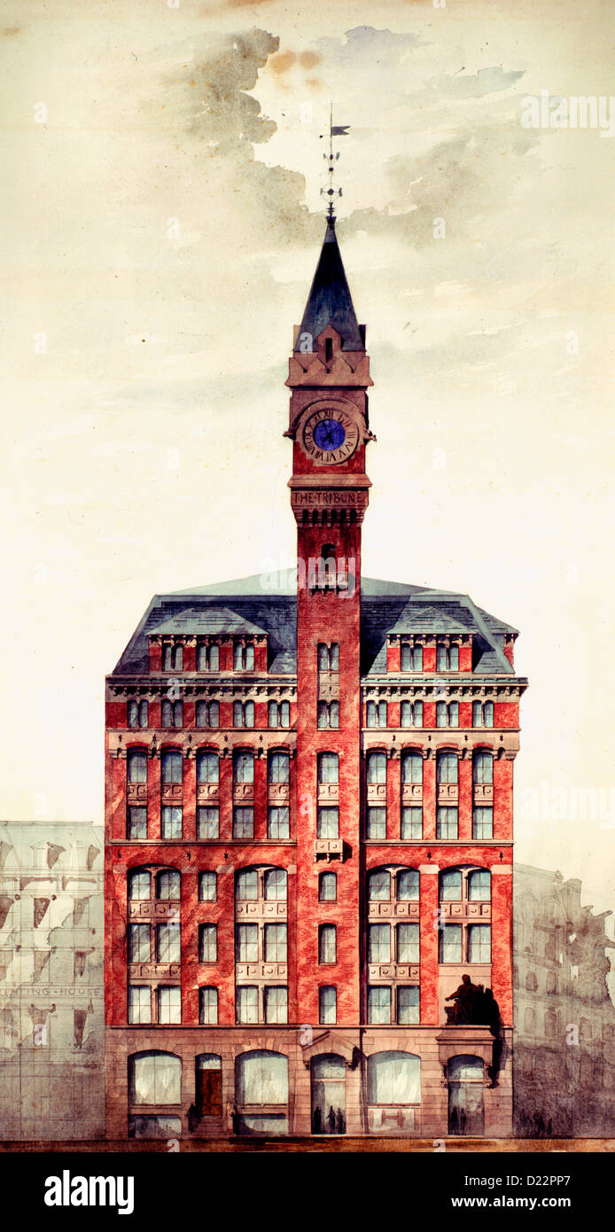 Tribune Building in New York City. Vorläufige Erhebung. Rendern, ca. 1873 Stockfoto