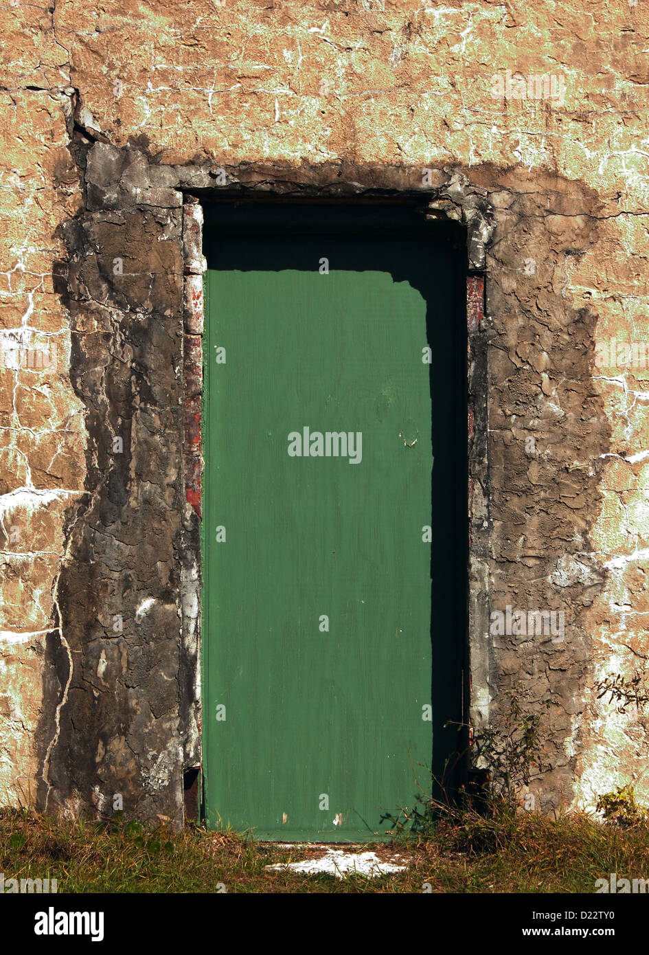 Eine alte grüne Tür und rissige Steinmauer Stockfoto