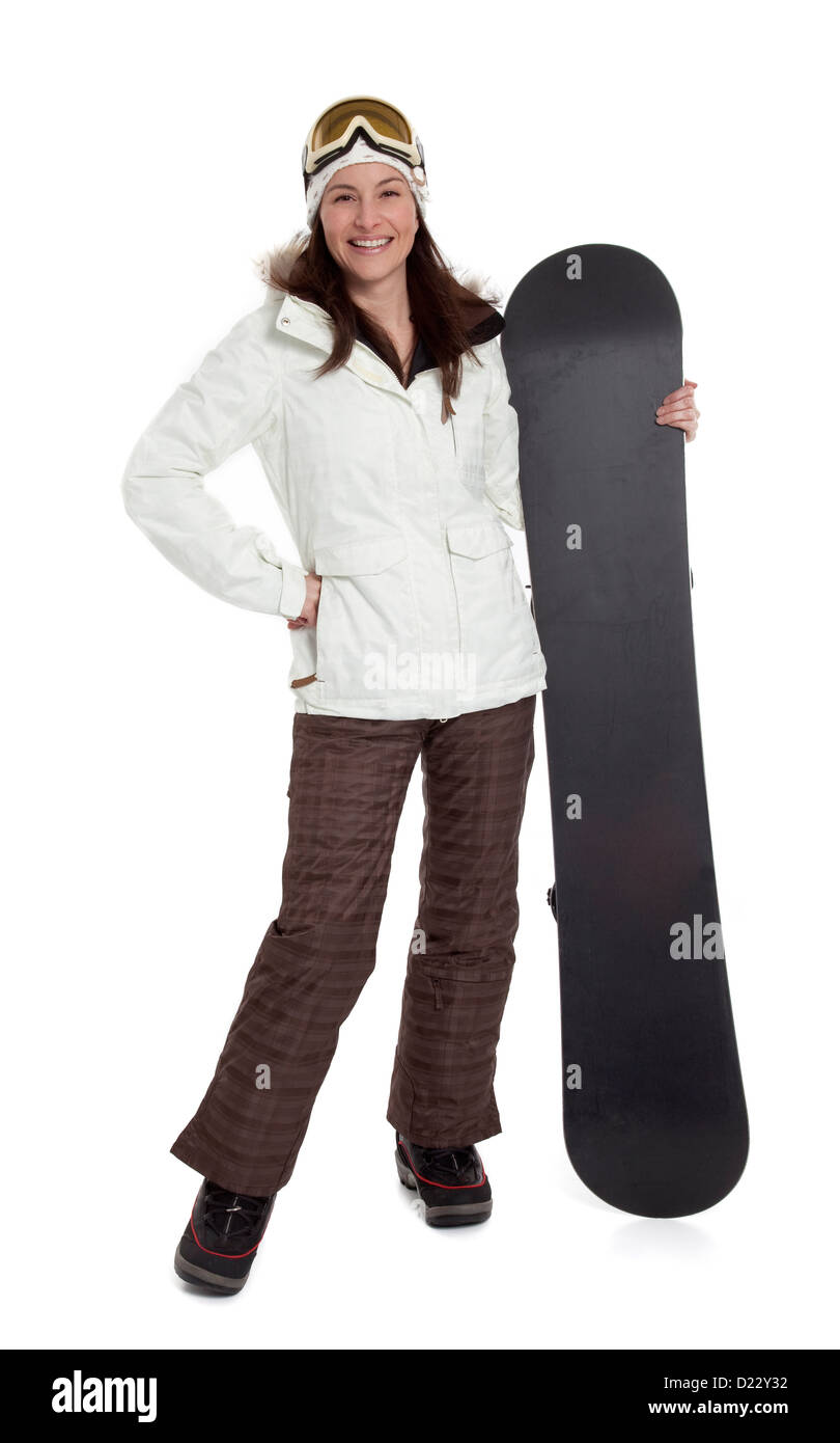 Voller Länge Ansicht der erwachsenen Frau stehen, halten Snowboard auf weißem Hintergrund. Stockfoto