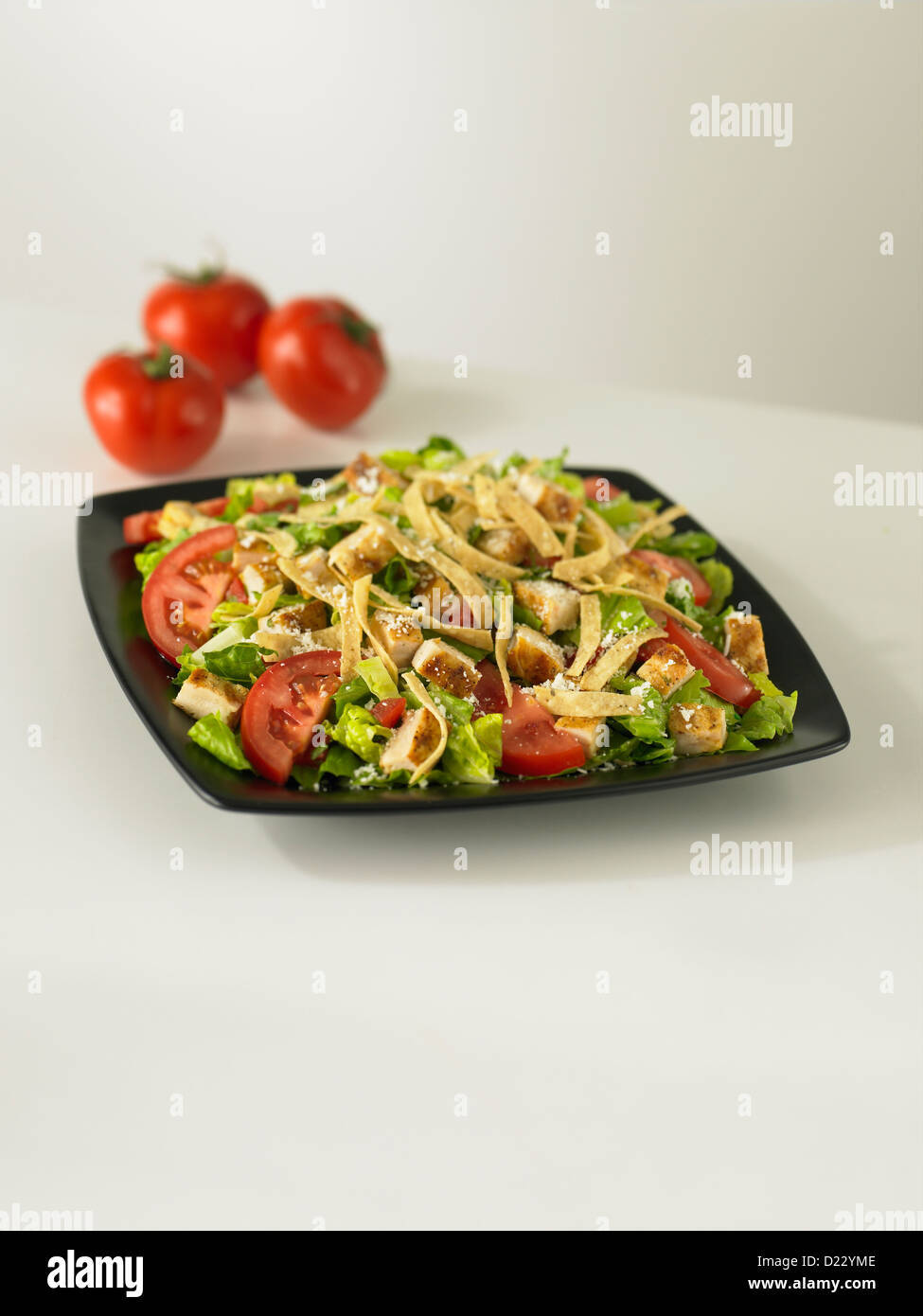 Hähnchen-Salat mit Tomaten und Tortilla-Streifen Stockfoto