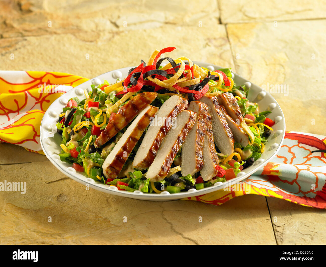 Hähnchen-Salat garniert mit garniert mit Tortilla-Streifen Stockfoto