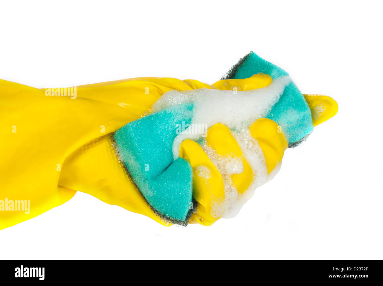 Hand-held Schwamm mit Schaum zum Geschirr spülen. Weiß isoliert Stockfoto