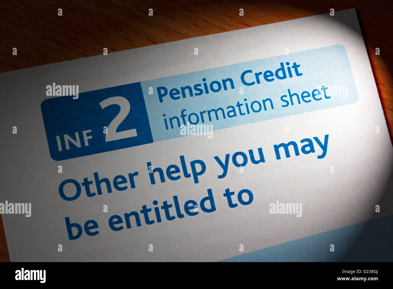 Pension Credit-Informationsblatt Stockfoto
