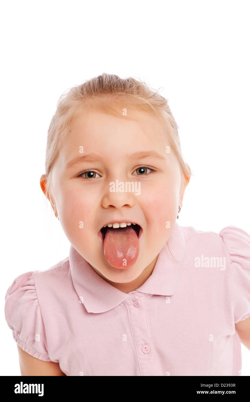 Kleines Mädchen Portrait ihrer Zunge. Studio gedreht. Stockfoto