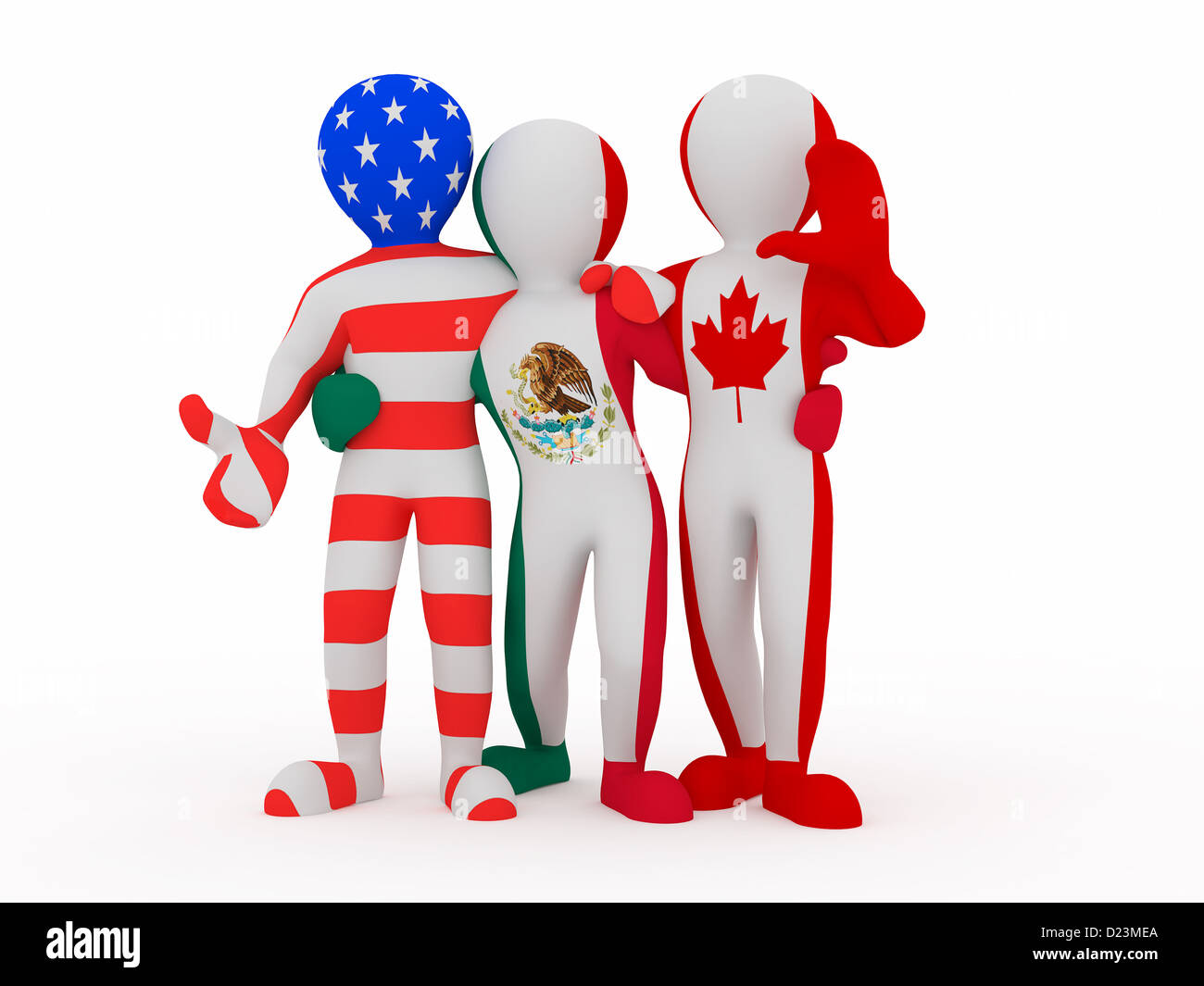 NAFTA. Menschen in Farbe der Flagge von Kanada, Mexiko, USA. 3D Stockfoto